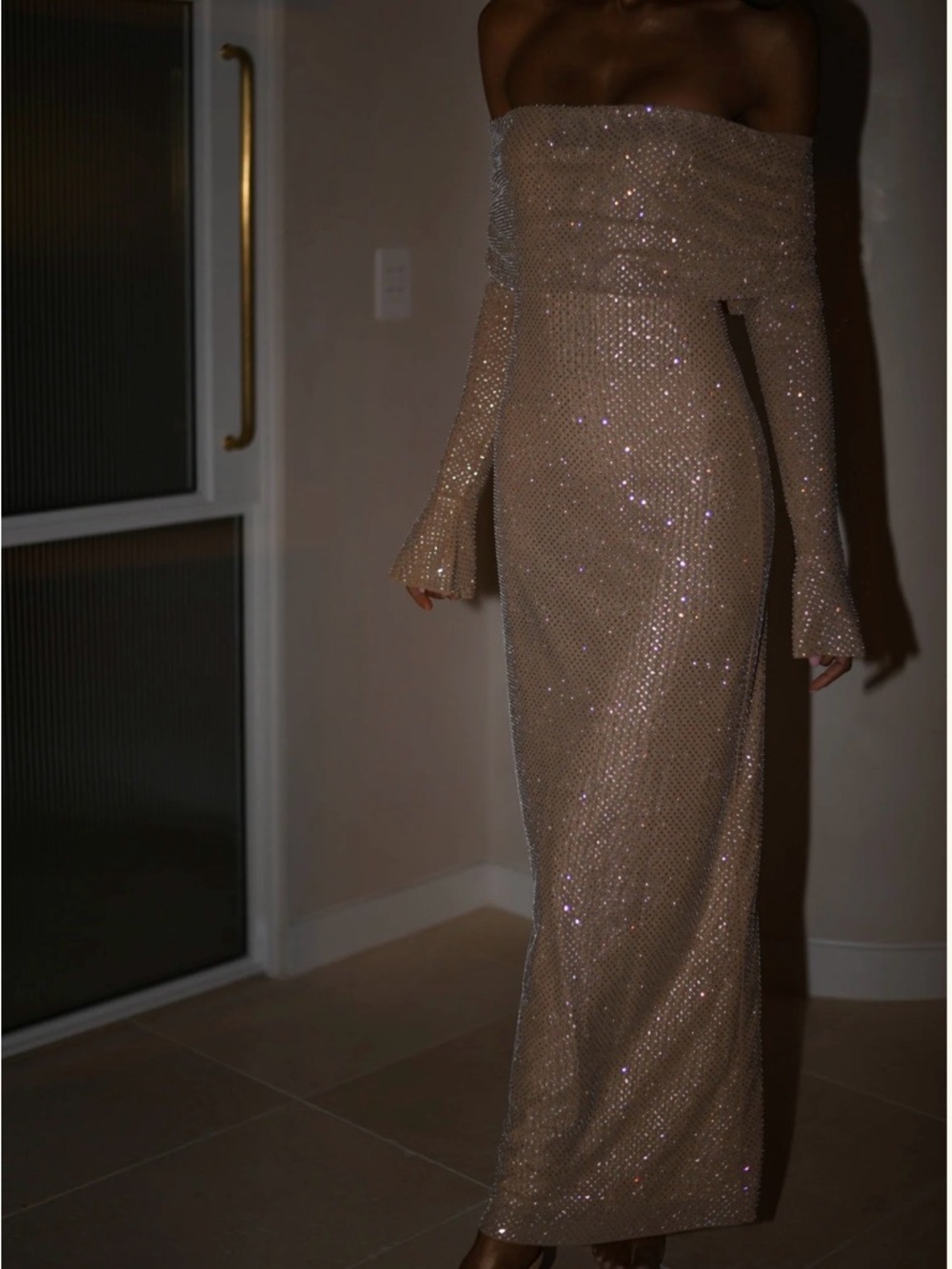 Meshki Marcel Off Shoulder Diamante Maxi Dress Nude - Picture 3 of 11